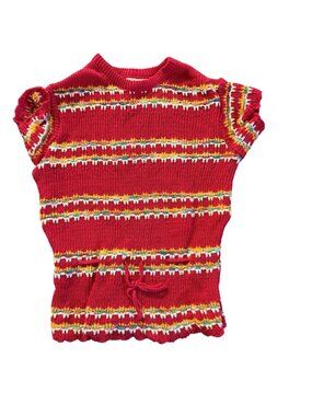 Vintage Aileen Girls Red Knit Sweater Top Size 14 Multicolor Striped Design Shor
